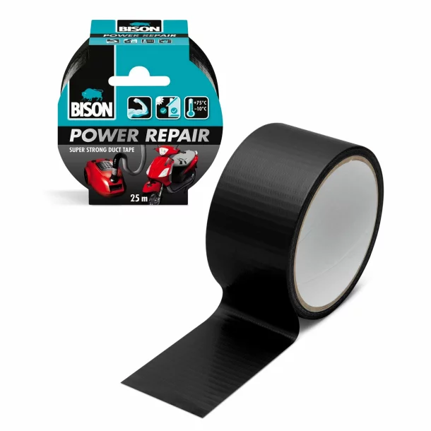 Bandă adezivă întărită cu material BISON Power Repair - neagră - 10 m