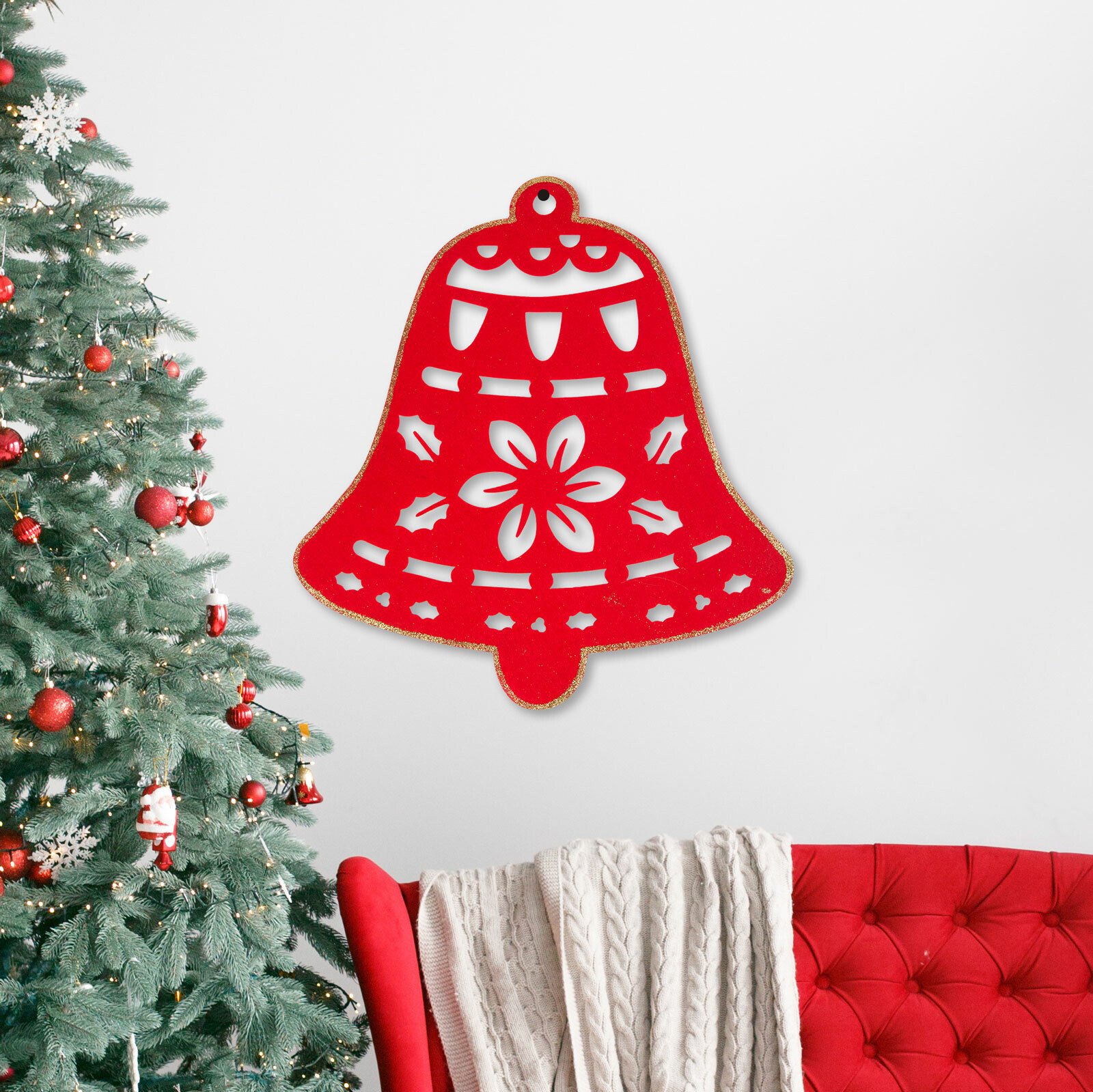 Decor de perete - Crăciun - clopoțel - 39.5 x 42 cm - roșu / auriu thumb