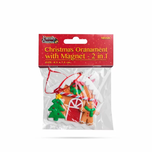 Decor magnetic de Craciun - 2 in 1 - casa de turta dulce cu om de turtă dulce - 85 x 75 mm