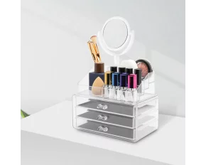 Organizator cosmetic transparent, cu oglindă