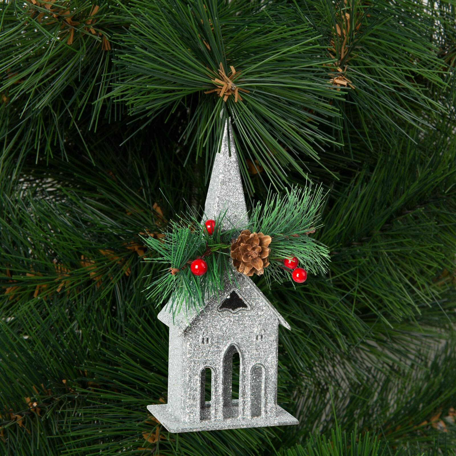 Ornament de brad cu agățătoare - biserică - 16 x 6.5 cm - argintie thumb