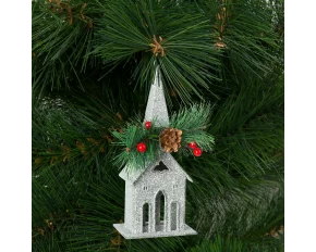 Ornament de brad cu agățătoare - biserică - 16 x 6.5 cm - argintie