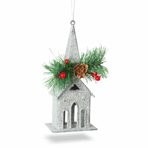 Ornament de brad cu agățătoare - biserică - 16 x 6.5 cm - argintie