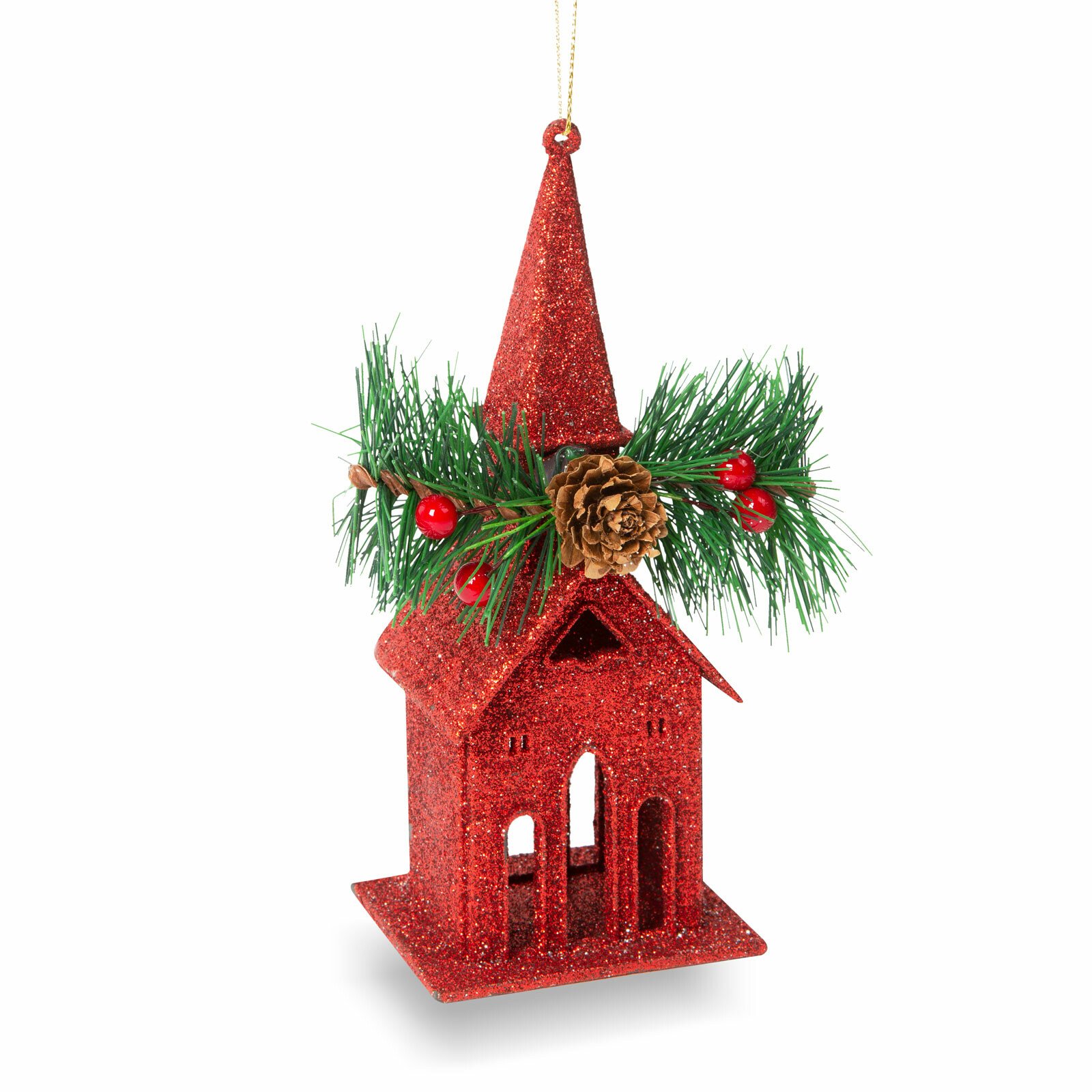 Ornament de brad cu agățătoare - biserică - 16 x 6.5 cm - roșie thumb