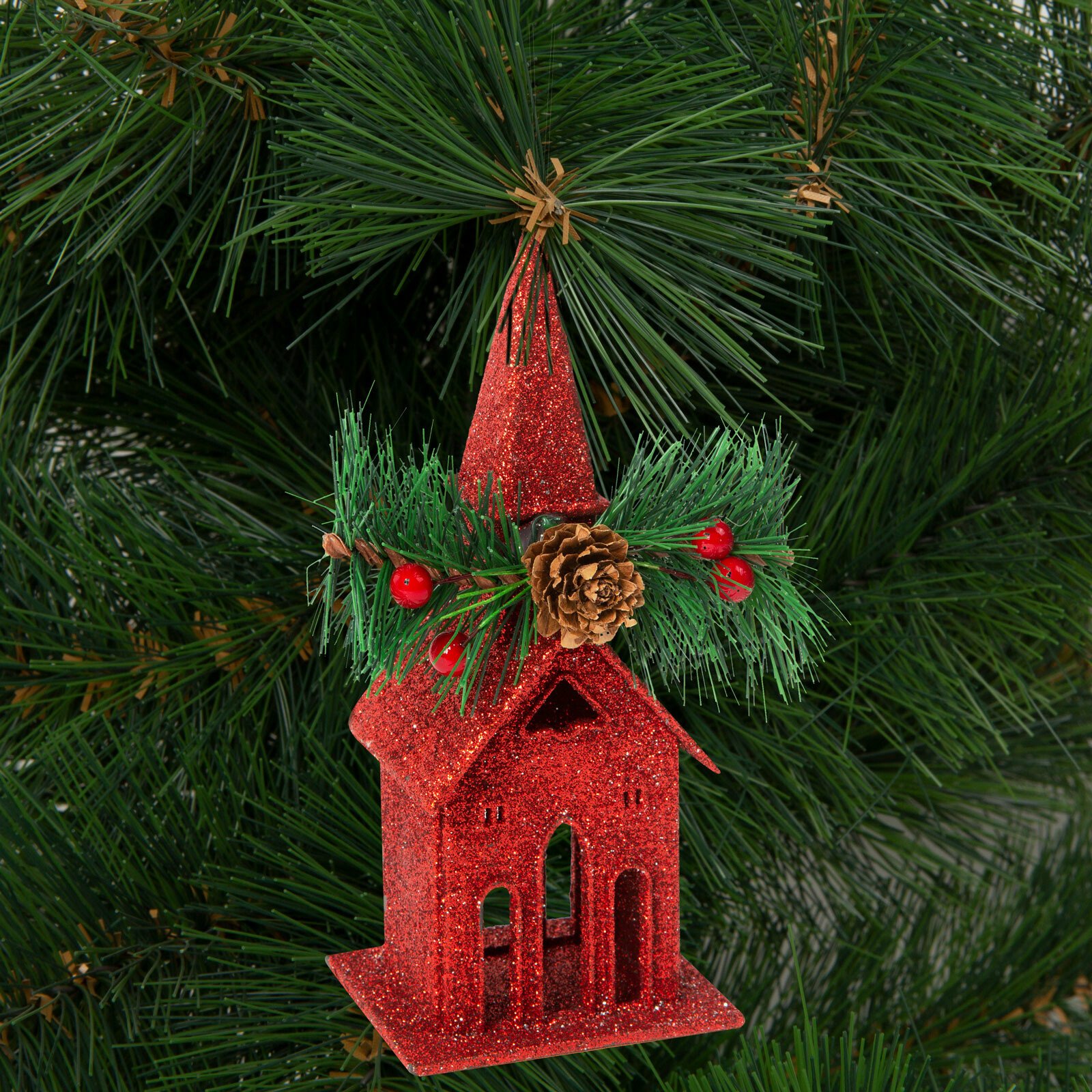 Ornament de brad cu agățătoare - biserică - 16 x 6.5 cm - roșie thumb