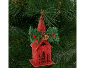 Ornament de brad cu agățătoare - biserică - 16 x 6.5 cm - roșie