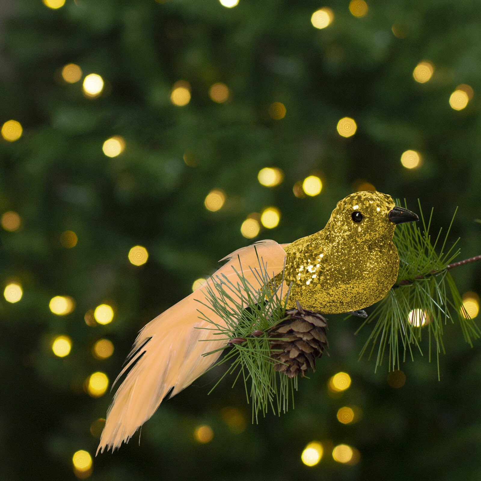 Ornament de Crăciun - pasăre cu sclipici - cu clemă - aurie - 2 buc/pachet thumb