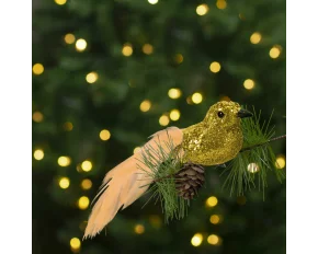 Ornament de Crăciun - pasăre cu sclipici - cu clemă - aurie - 2 buc/pachet