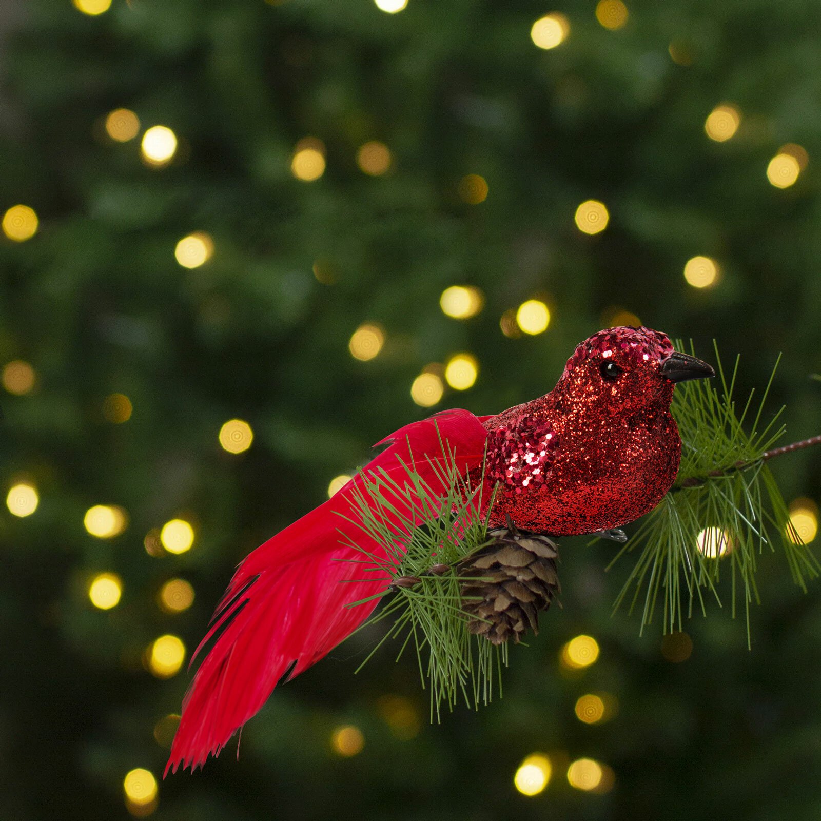 Ornament de Crăciun - pasăre cu sclipici - cu clemă - roșie - 2 buc/pachet thumb