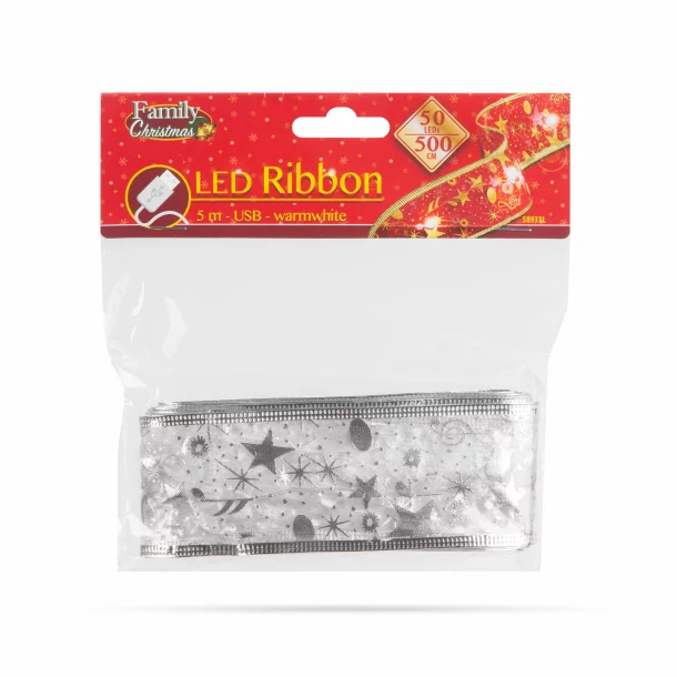 Panglică LED de Crăciun - argintie - 5 m x 5 cm - 2 x AA