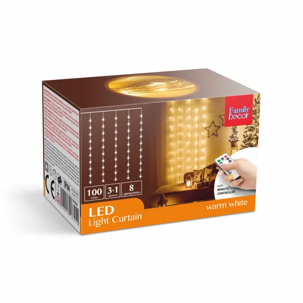 Perdea luminoasă - 100 micro-LEDuri - alb cald - 3 x 1 m - 230V - cu telecomandă