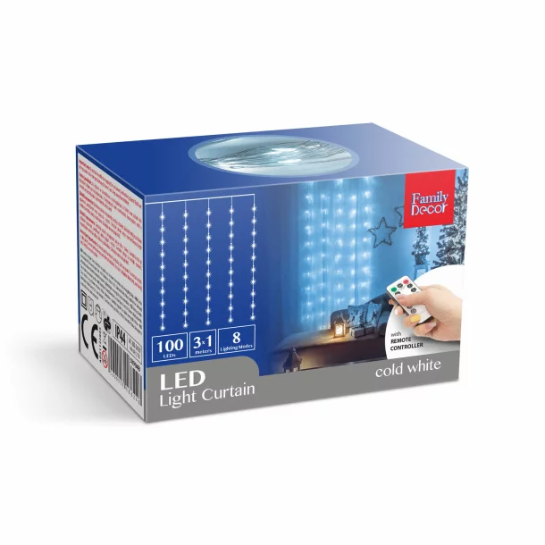 Perdea luminoasă - 100 micro-LEDuri - alb rece - 3 x 1 m - 230V - cu telecomandă