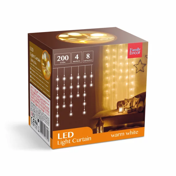 Perdea luminoasă - 200 LEDuri - alb cald - IP44 - 4,2 m - 8 programe