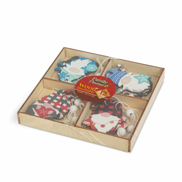 Set decoratiuni brad - pentru agatat, spiridusi din lemn - 4 tipuri - 12 buc/pachet