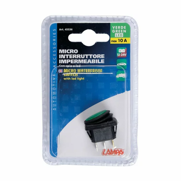 Intrerupator basculant impermeabil Micro, 12V/24V - 10A, lumina LED - Verde