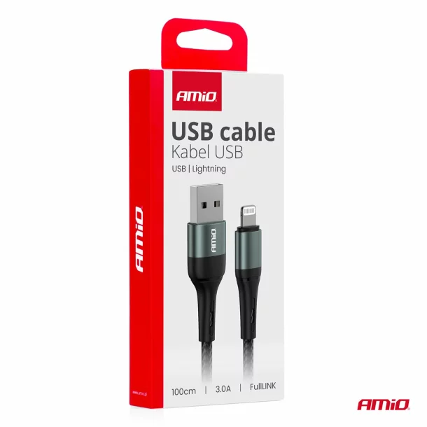 Cablu de date si incarcare USB la tip Lightning, 3A, 100cm, FullLINK Amio, Negru