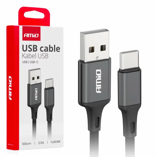Cablu de date si incarcare USB la tip USB Type-C, 2A, 100cm, FullLINK Amio, Negru