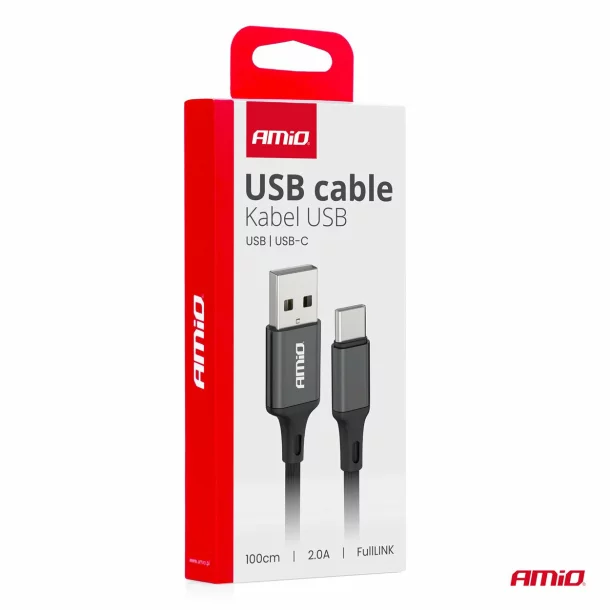 Cablu de date si incarcare USB la tip USB Type-C, 2A, 100cm, FullLINK Amio, Negru