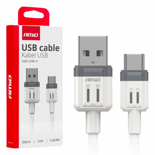 Cablu de date si incarcare USB la tip Type - C, 3A, 100cm, FullLINK Amio, Alb