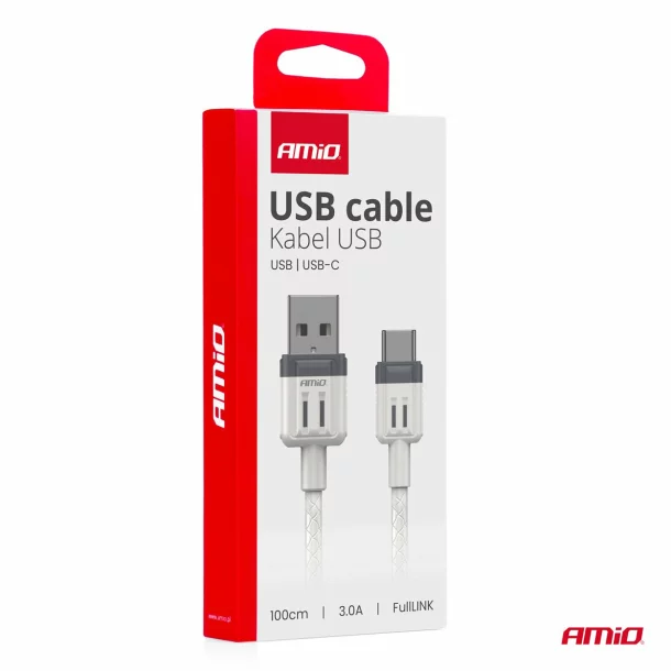 Cablu de date si incarcare USB la tip Type - C, 3A, 100cm, FullLINK Amio, Alb