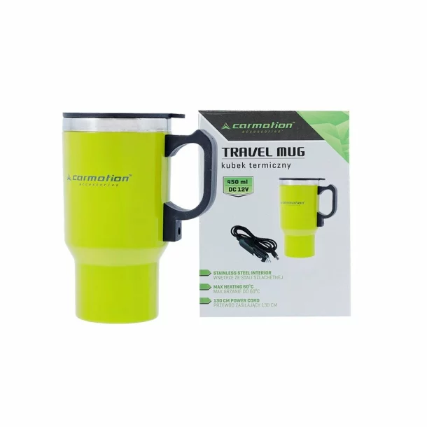 Cana termos cu incalzire Carmotion, 450ml, alimentare la bricheta auto 12V, Verde