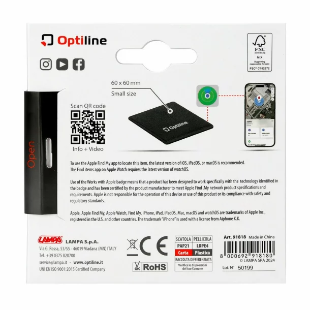 Localizator de obiecte Opti Tracker Compact, Ultra-subtire, cu adeziv, functionare prin aplicatia Find My de la Apple