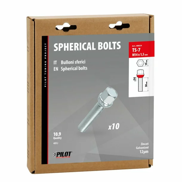 Gömbölyű kerékcsavarok, R14, 19mm-es fej, M14x1,5 menet, 58mm menethossz, 10 db - TS7