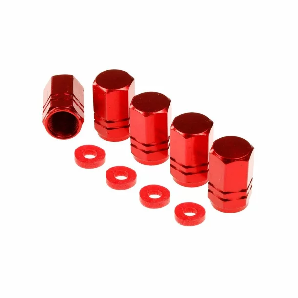 Valve caps aluminium Hexagonal, 5pcs - Red