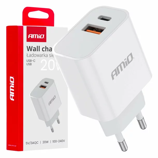 Incarcator retea Amio cu 2 porturi, USB-A si USB-C, 20W Quick Charge, PCH PRO-09, 230V