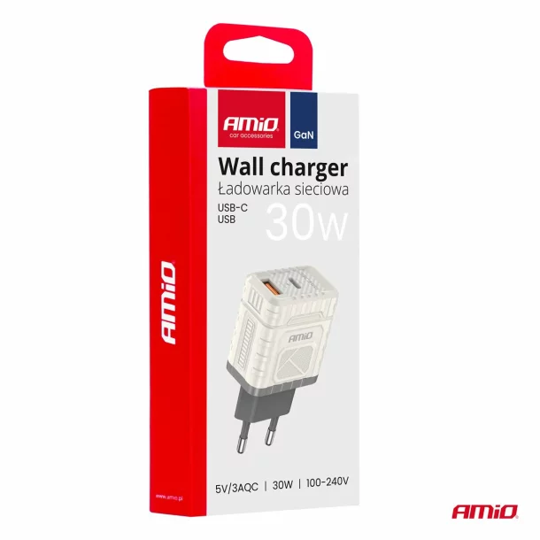 Incarcator retea Amio cu 2 porturi, USB-A si USB-C, 30W Quick Charge tehnologie GaN, 230V
