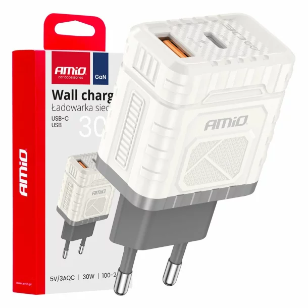 Incarcator retea Amio cu 2 porturi, USB-A si USB-C, 30W Quick Charge tehnologie GaN, 230V
