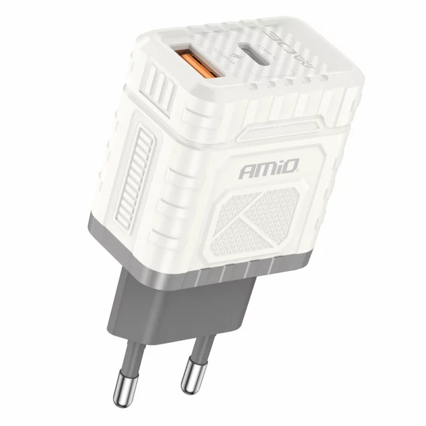 Incarcator retea Amio cu 2 porturi, USB-A si USB-C, 30W Quick Charge tehnologie GaN, 230V