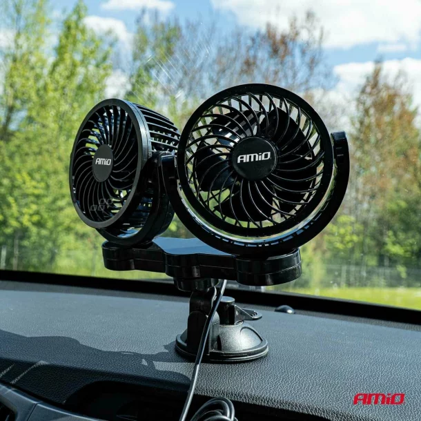 Double car fan with 2 speeds, suction cup attachment, diameter 2x4&#039;&#039;, Amio, 24V