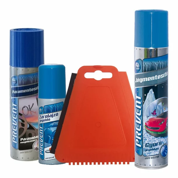 Téli jégmentesítő csomag, Basic, Szélvédő jégkaparó trapéz, páramentesítő 200ml, jégmentesítő 300ml, zárjégoldó 50ml, 4db