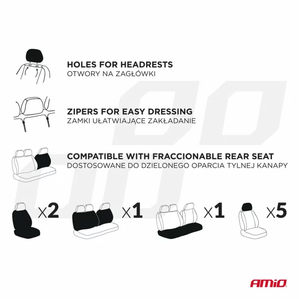 Universal seat covers 9pcs, Amio SC-06 - Black/Grey
