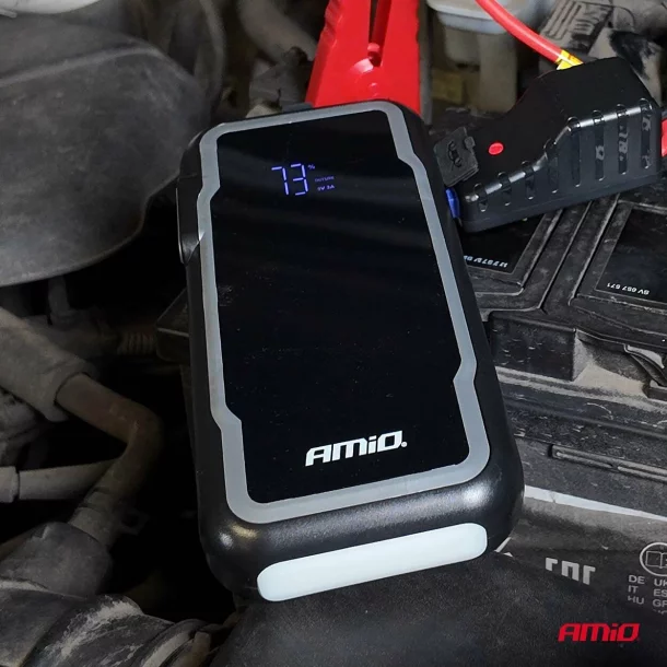 3 az 1-ben hordozható inditó robot LED-del és Powerbank, 12V, 12Ah, 1600A, AMIO