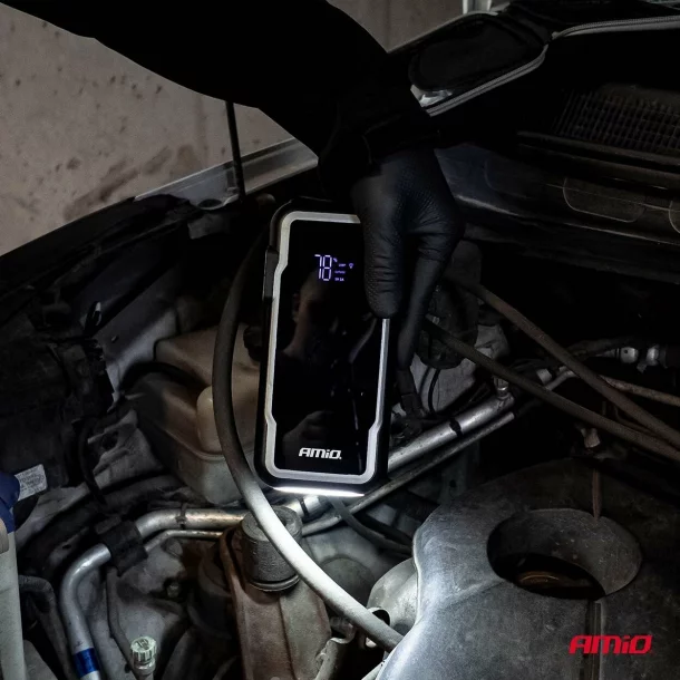 3 az 1-ben hordozható inditó robot LED-del és Powerbank, 12V, 12Ah, 1600A, AMIO