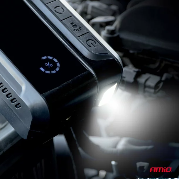 4 az 1-ben hordozható inditó robot LED-del, légkompresszorral és Powerbank, 12V, 12Ah, 1600A, AMIO