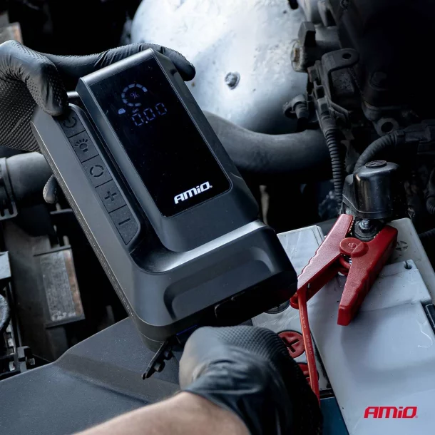 4 az 1-ben hordozható inditó robot LED-del, légkompresszorral és Powerbank, 12V, 12Ah, 1600A, AMIO