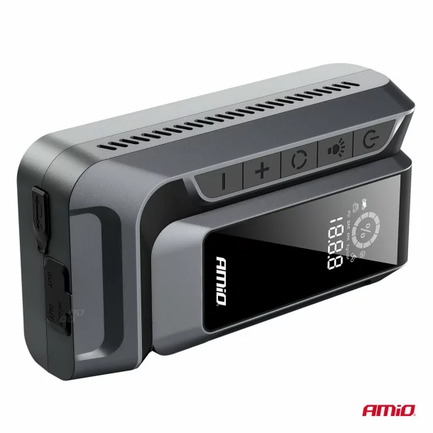 4 az 1-ben hordozható inditó robot LED-del, légkompresszorral és Powerbank, 12V, 12Ah, 1600A, AMIO