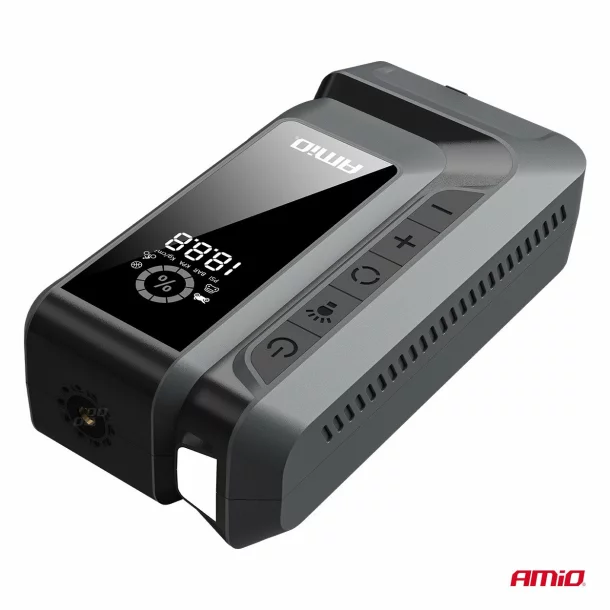 4 az 1-ben hordozható inditó robot LED-del, légkompresszorral és Powerbank, 12V, 12Ah, 1600A, AMIO