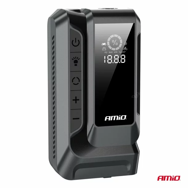 4 az 1-ben hordozható inditó robot LED-del, légkompresszorral és Powerbank, 12V, 12Ah, 1600A, AMIO