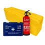 Set pachet prim ajutor auto, trusa sanitara si stingator cu pulbere 1kg Cridem, geanta organizatoare Galben