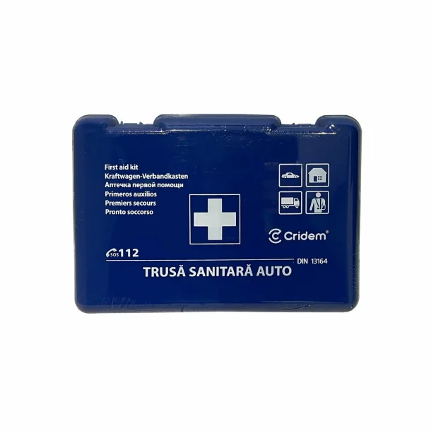 Set pachet prim ajutor auto, trusa sanitara si stingator cu pulbere 1kg Cridem, geanta organizatoare Galben