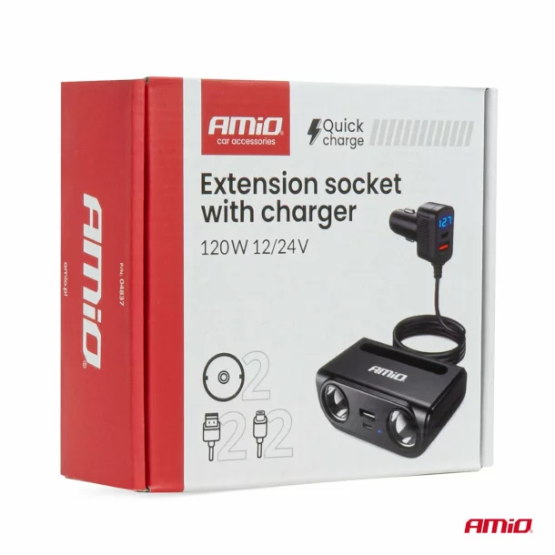 Priza dubla bricheta cu 2xUSB-A + 2xUSB-C QC3.0 PD3.0 120W, 12/24V, Amio