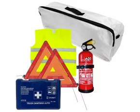 Set pachet prim ajutor auto Cridem, trusa sanitara, stingator 1kg, triunghi presemnalizare 2buc, vesta reflectorizanta, geanta organizatoare Alb