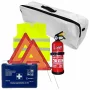 Set pachet prim ajutor auto Cridem, trusa sanitara, stingator 1kg, triunghi presemnalizare 2buc, vesta reflectorizanta, geanta organizatoare Alb