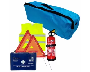 Set pachet prim ajutor auto Cridem, trusa sanitara, stingator 1kg, triunghi presemnalizare 2buc, vesta reflectorizanta, geanta organizatoare Albastru