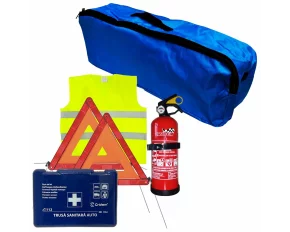 Set pachet prim ajutor auto Cridem, trusa sanitara, stingator 1kg, triunghi presemnalizare 2buc, vesta reflectorizanta, geanta organizatoare Bleumarin