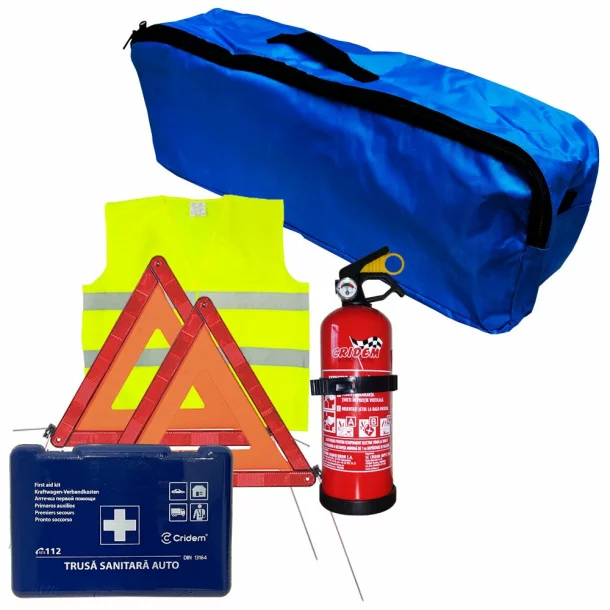 Set pachet prim ajutor auto Cridem, trusa sanitara, stingator 1kg, triunghi presemnalizare 2buc, vesta reflectorizanta, geanta organizatoare Bleumarin